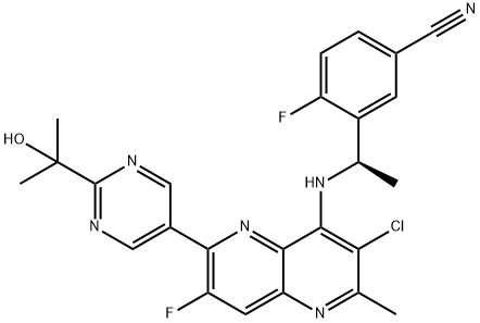 Benzonitrile, 3-[(1R)-1-[[3-chloro-7-fluoro-6-[2-(1-hydroxy-1-methylethyl)-5-pyrimidinyl]-2-methyl-1,5-naphthyridin-4-yl]amino]ethyl]-4-fluoro- Structure