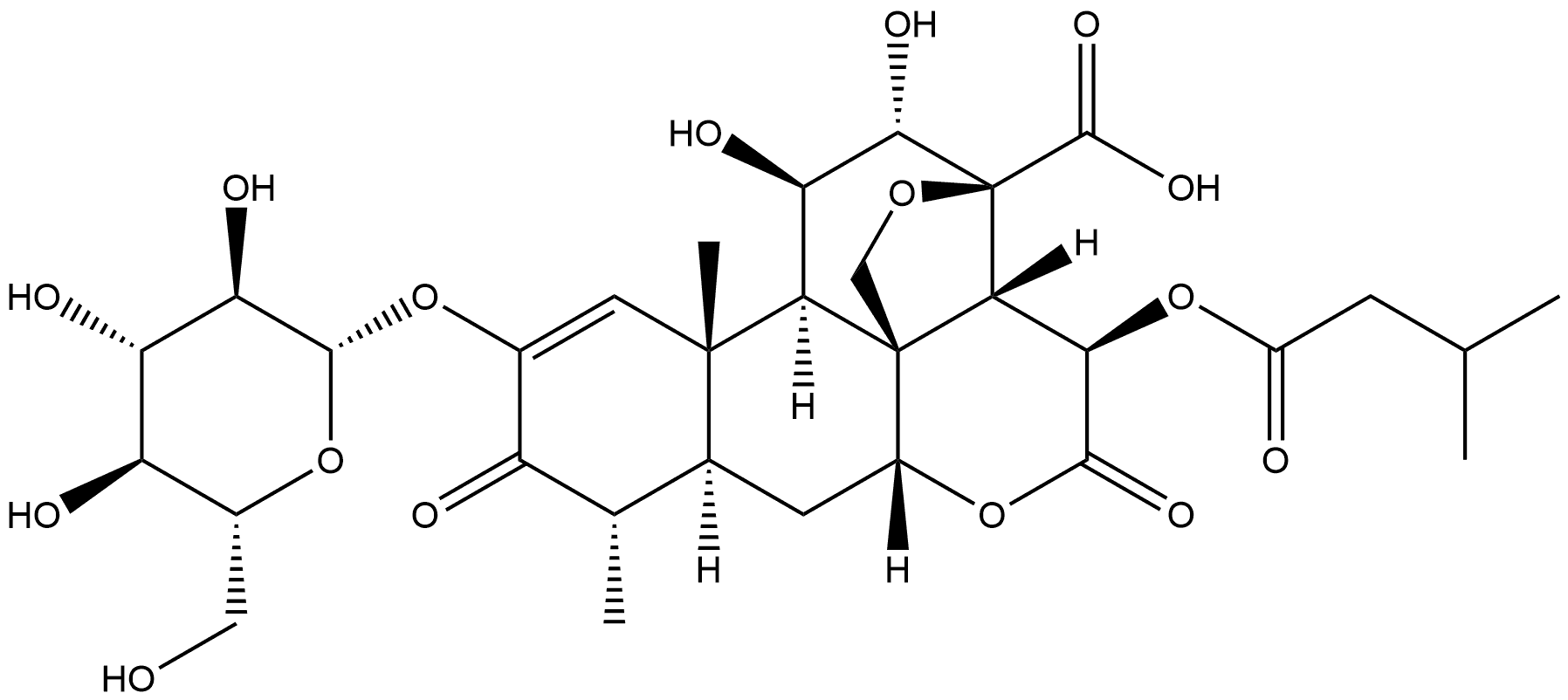 Picras-1-en-21-oic acid, 13,20-epoxy-2-(β-D-glucopyranosyloxy)-11,12-dihydroxy-15-(3-methyl-1-oxobutoxy)-3,16-dioxo-, (11β,12α,15β)- Structure