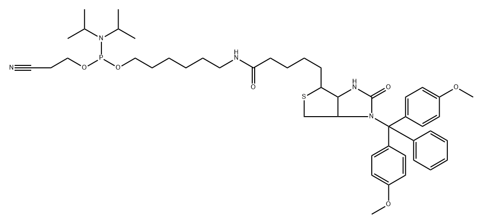 Phosphoramidous acid, N,N-bis(1-methylethyl)-, 6-[[5-[1-[bis(4-methoxyphenyl)phenylmethyl]hexahydro-2-oxo-1H-thieno[3,4-d]imidazol-4-yl]-1-oxopentyl]amino]hexyl 2-cyanoethyl ester Structure