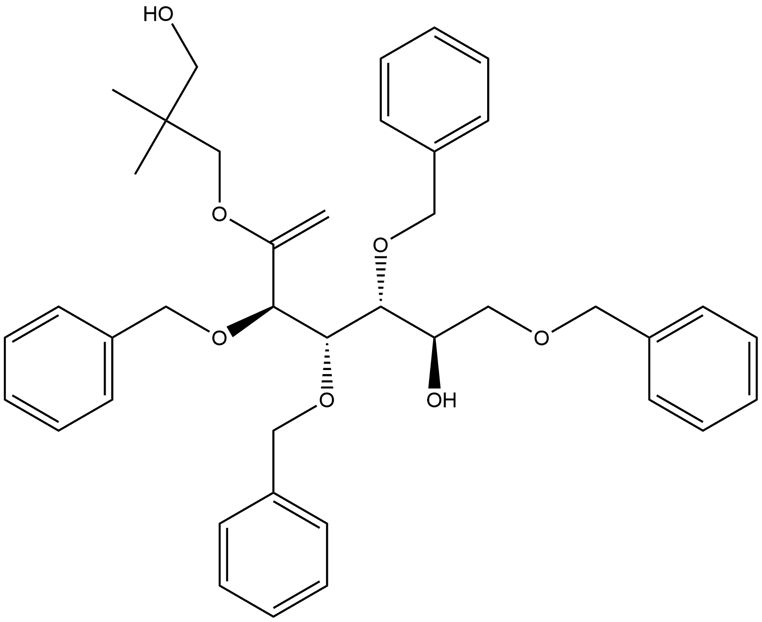 D-?gluco-?Hept-?1-?enitol, 1-?deoxy-?2-?O-?(3-?hydroxy-?2,?2-?dimethylpropyl)?-?3,?4,?5,?7-?tetrakis-?O-?(phenylmethyl)?- Structure