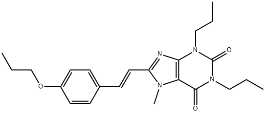 (E)-1,3-Dipropyl-7-methyl-8-(2-(4-propoxyphenyl)ethenyl)-3,7-dihydro-1 H-purine-2,6-dione Structure