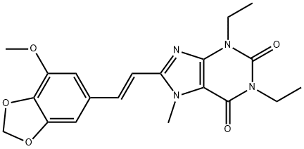 1H-Purine-2,6-dione, 3,7-dihydro-1,3-diethyl-8-(2-(7-methoxy-1,3-benzo dioxol-5-yl)ethenyl)-7-methyl-, (E)- Structure