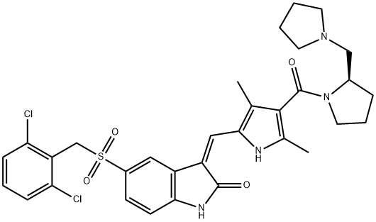 (2R)-1-[[5-[(Z)-[5-[[(2,6-DICHLOROPHENYL)METHYL]SULFONYL]-1,2-DIHYDRO-2-OXO-3H-INDOL-3-YLIDENE]METHYL]-2,4-DIMETHYL-1H-PYRROL-3-YL]CARBONYL]-2-(1-PYRROLIDINYLMETHYL)PYRROLIDINE Structure