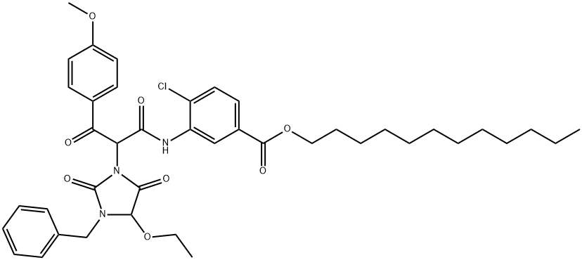 alpha-(4-Methoxybenzoyl)-alpha-(1-benzyl-5-ethoxyhydantion)-2-chloro-5-dodecyloxycarbonyl acetanilide Structure