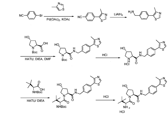 (2S,4R)-1-((S)-2-氨基-3,3-二甲基丁酰基)-4-羟基-N-(4-(4-甲基噻唑-5-基)苄基)吡咯烷-2-甲酰胺盐酸盐合成路线