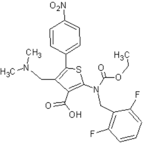 2-((2,6-difluorobenzyl)(ethoxycarbonyl)amino)-4-((dimethylamino)methyl)-5-(4-nitrophenyl)thiophene-3-carboxylic acid