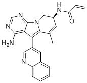 CAS # 1661854-97-2, (S)-N-(4-amino-6-methyl-5-(quinolin-3-yl)-8,9-dihydropyrimido[5,4-b]indolizin-8-yl)acrylamide, N-[(8S)-4-amino-6-methyl-5-quinolin-3-yl-8,9-dihydropyrimido[5,4-b]indolizin-8-yl]prop-2-enamide