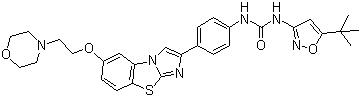 CAS 登录号：950769-58-1, AC-220, N-(5-叔丁基异恶唑-3-基)-N'-{4-[7-[2-(吗啉-4-基)乙氧基]咪唑并[2,1-b][1,3]苯并噻唑-2-基]苯基}脲