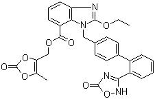 CAS 登录号：863031-21-4, 阿齐沙坦奥美沙坦酯, 1-[[2'-(2,5-二氢-5-氧代-1,2,4-恶二唑-3-基)[1,1'-联苯]-4-基]甲基]-2-乙氧基-1H-苯并咪唑-7-羧酸 (5-甲基-2-氧代-1,3-二恶茂-4-基)甲酯